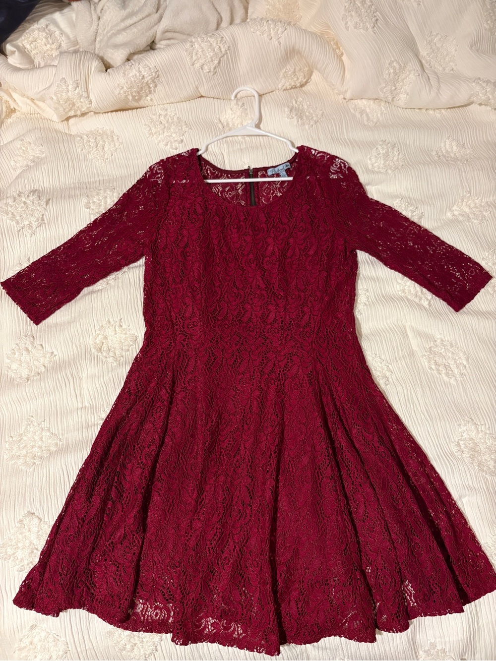 Fishbowl Burgundy Lace Fit & Flare Skater Dress 3/4 Sleeve Size L